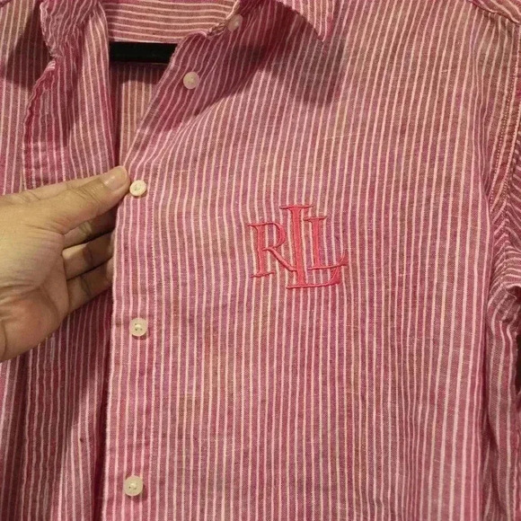 Lauren Ralph Lauren Women Blouse Embroidered Linen Pink Stripe Size S/P #134 - Picture 10 of 11